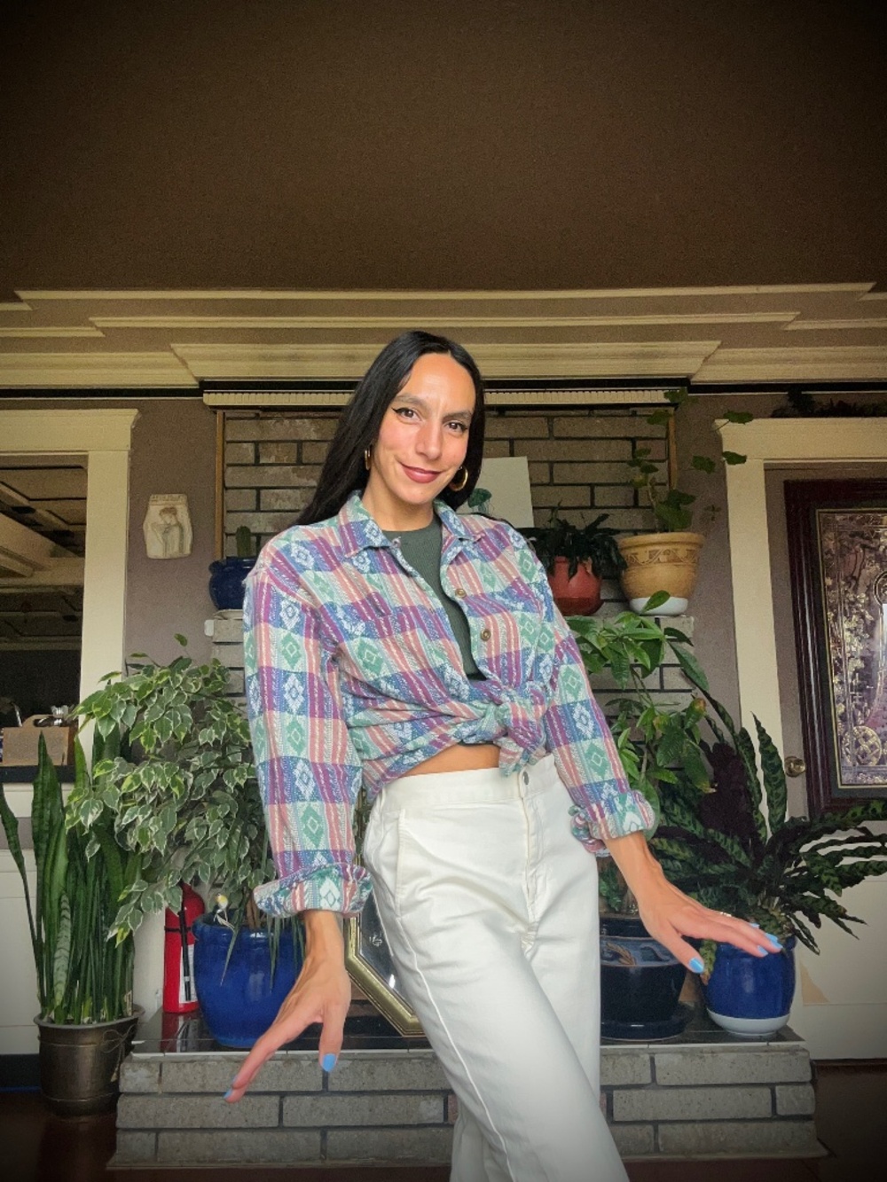 100% cotton! vintage plaid button-up shirt with geometric diamond pattern